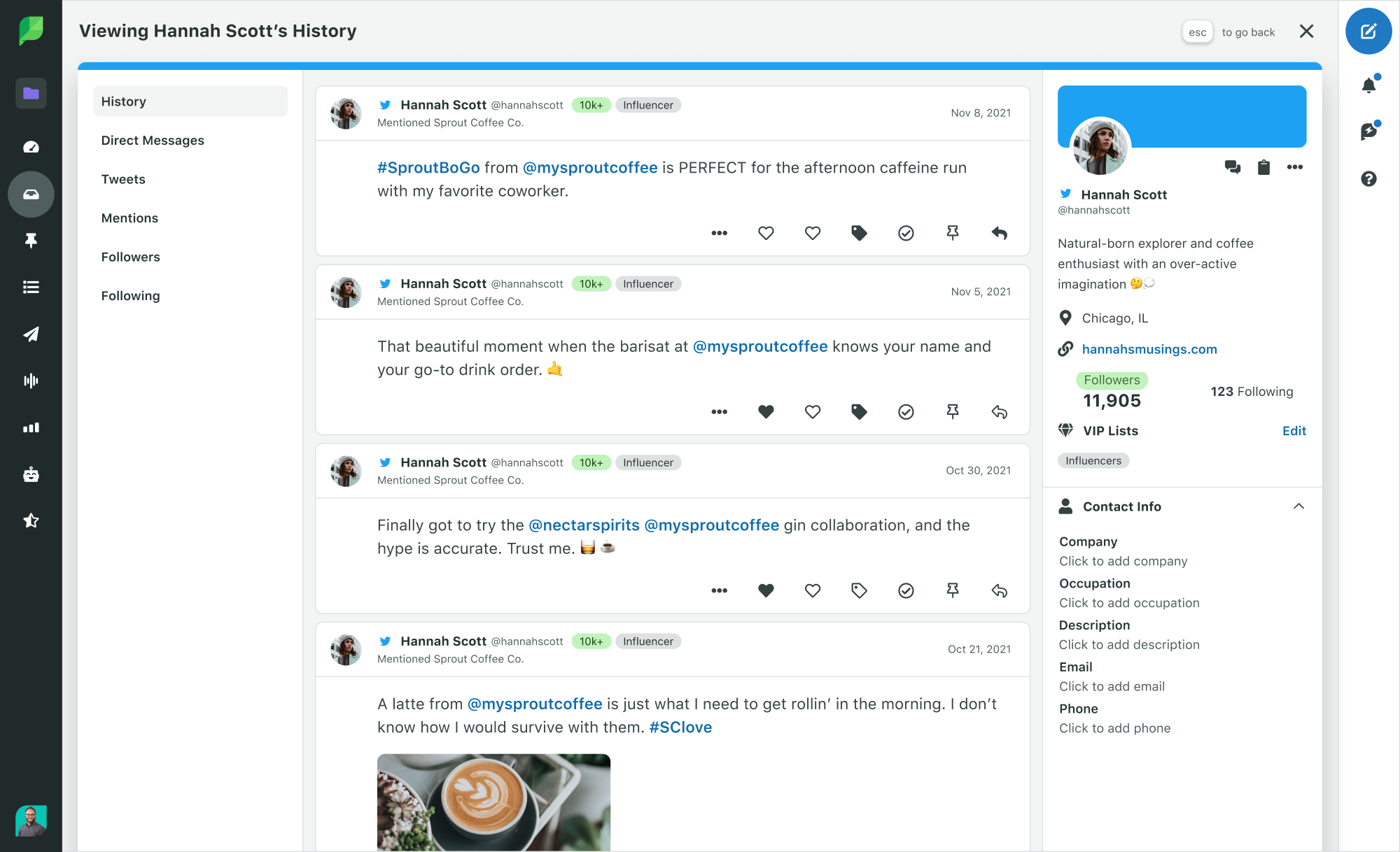 Sprout Social profile contact view